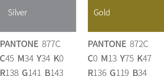 Silver PANTONE 877C, C45 M34 Y34 K0, R138 G141 B143, Gold PANTONE 872C, C0 M13 Y75 K47, R136 G119 B34